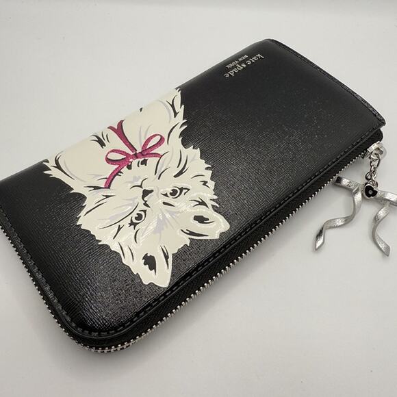 Kate Spade Whiskers Zip Around Continental Wallet KI714 Black with White Cat - Picture 10 of 12